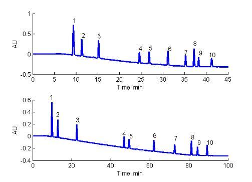 Rysunek 2. Przykładowe chromatogramy otrzymane w gradiencie modyfikatora organicznego. Anality: 1-Barbital; 2-Kwas Acetylosalicylowy 3-Cyprofloksacyna; 4-Piroksikam; 5-Indapamid; 6-Meteprolol; 7-Tramadol; 8-Cetyryzyna; 9-Werapamil; 10-Hydroksyzyna. 